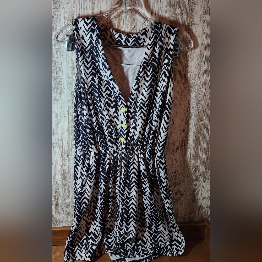 Black and White Chevron Jumpsuit Romper With Pockets Neon Yellow Buttons